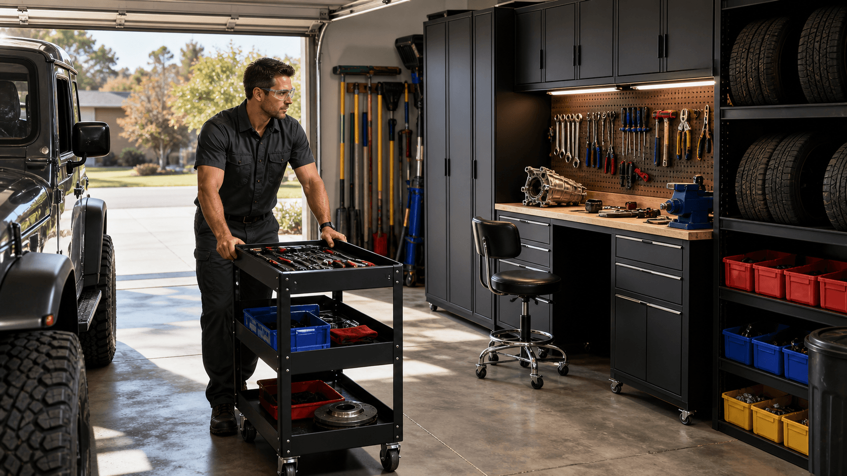 Organized automotive garage with labeled storage zones, workbench, tool cabinets, and bright overhead lighting.