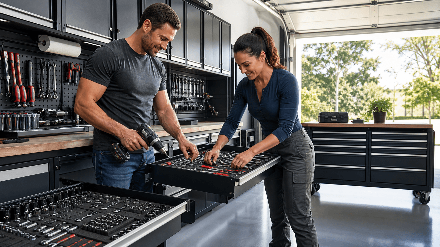 Organized workshop with wall-mounted tool racks, labeled drawers, and a bright workbench under warm lighting.