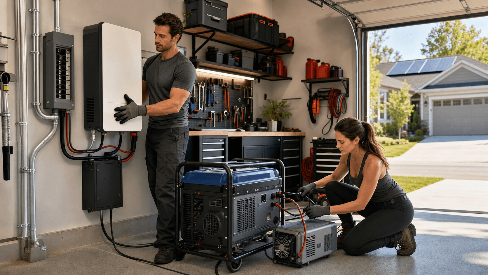 Sunlit garage scene with wall-mounted battery pack, inverter, circuit panel, and tidy cables in neutral tones