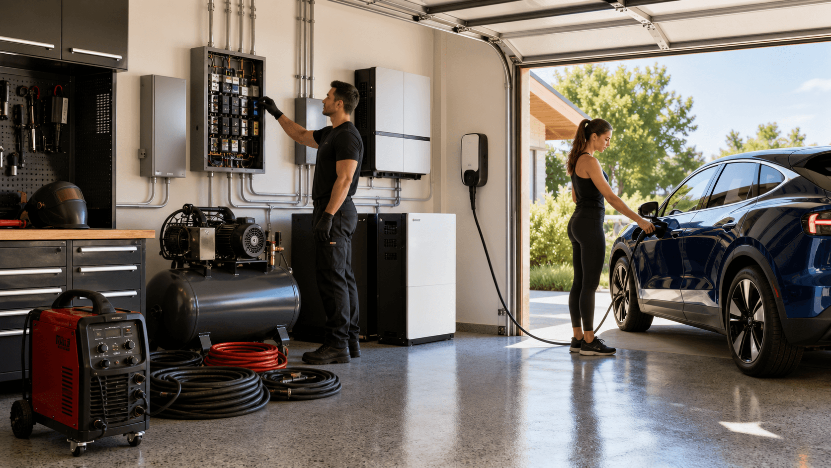 Modern garage with EV charger, welding gear, air compressor, and glowing electrical panel under bright overhead lights.