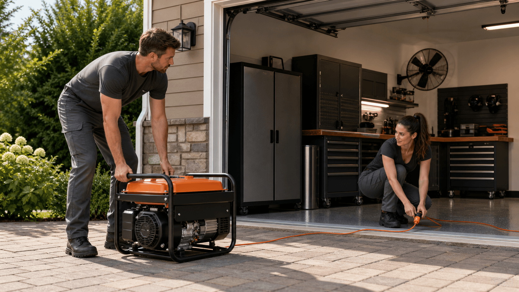 Portable generator beside a workbench in a tidy garage, with ventilation ducting and warm overhead lights.
