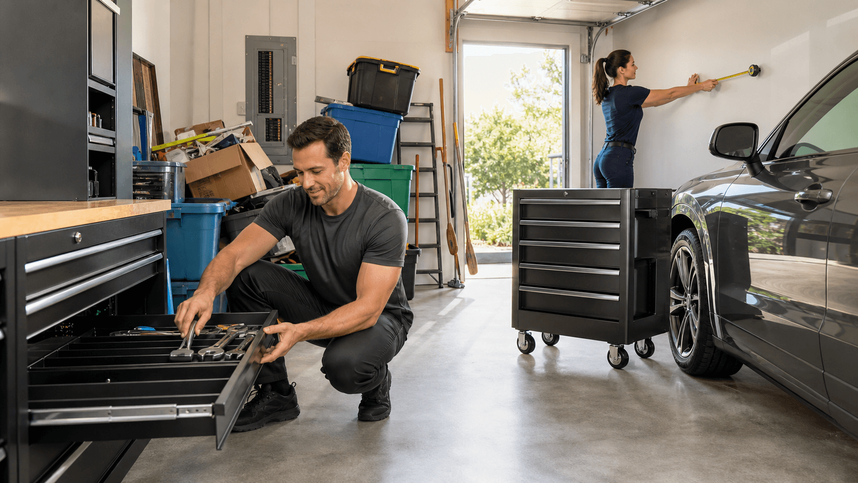 Cluttered garage workspace with scattered tools, bins, and lumber under bright overhead lighting.