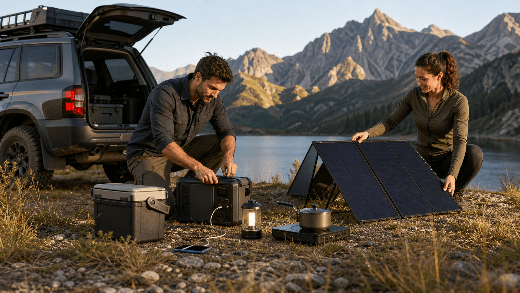 Portable power station with solar panels beside a tent in a sunlit mountain campsite.