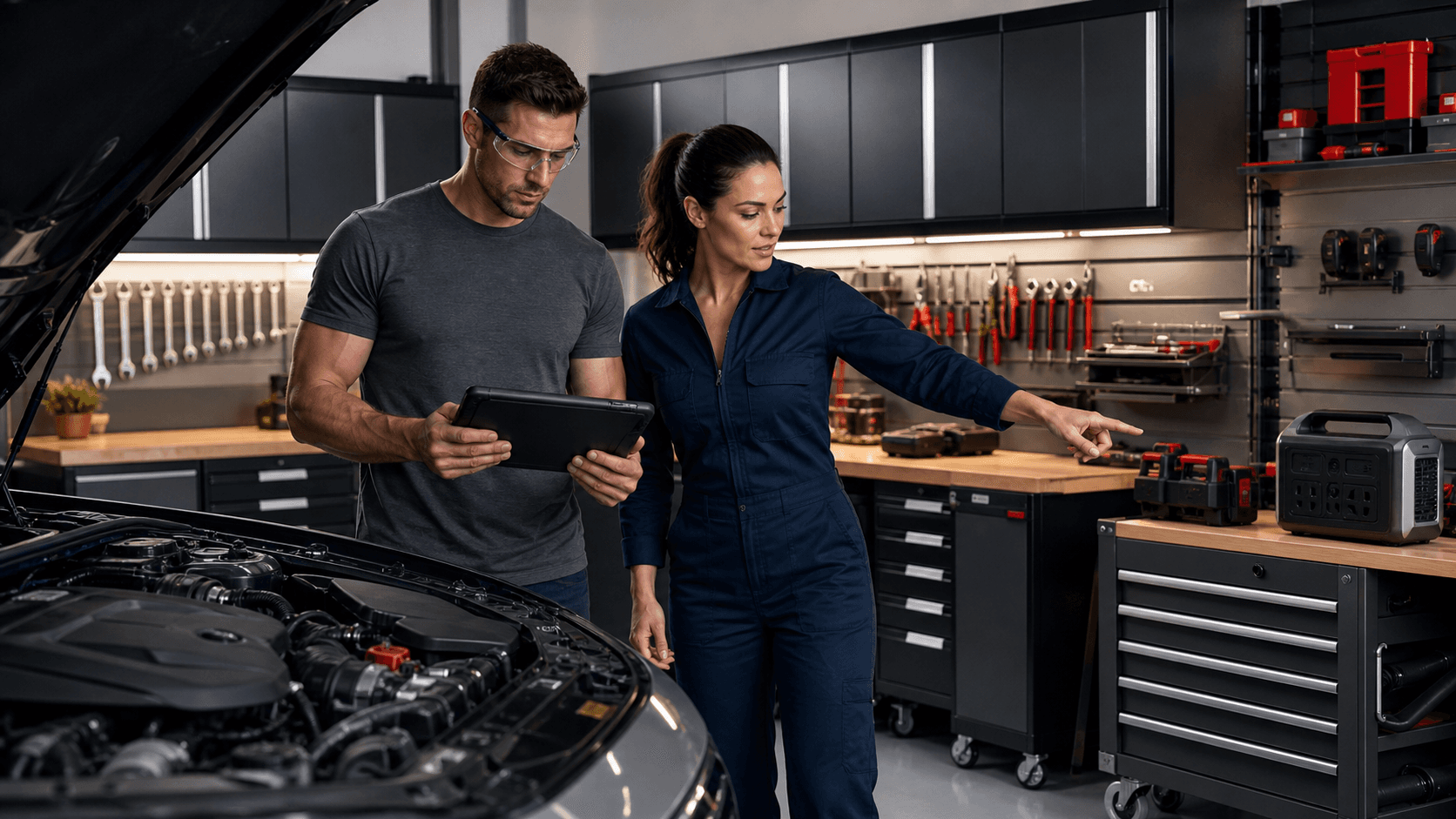 Bright organized garage with a car on jack stands, tool wall, workbench, and overhead LED lighting