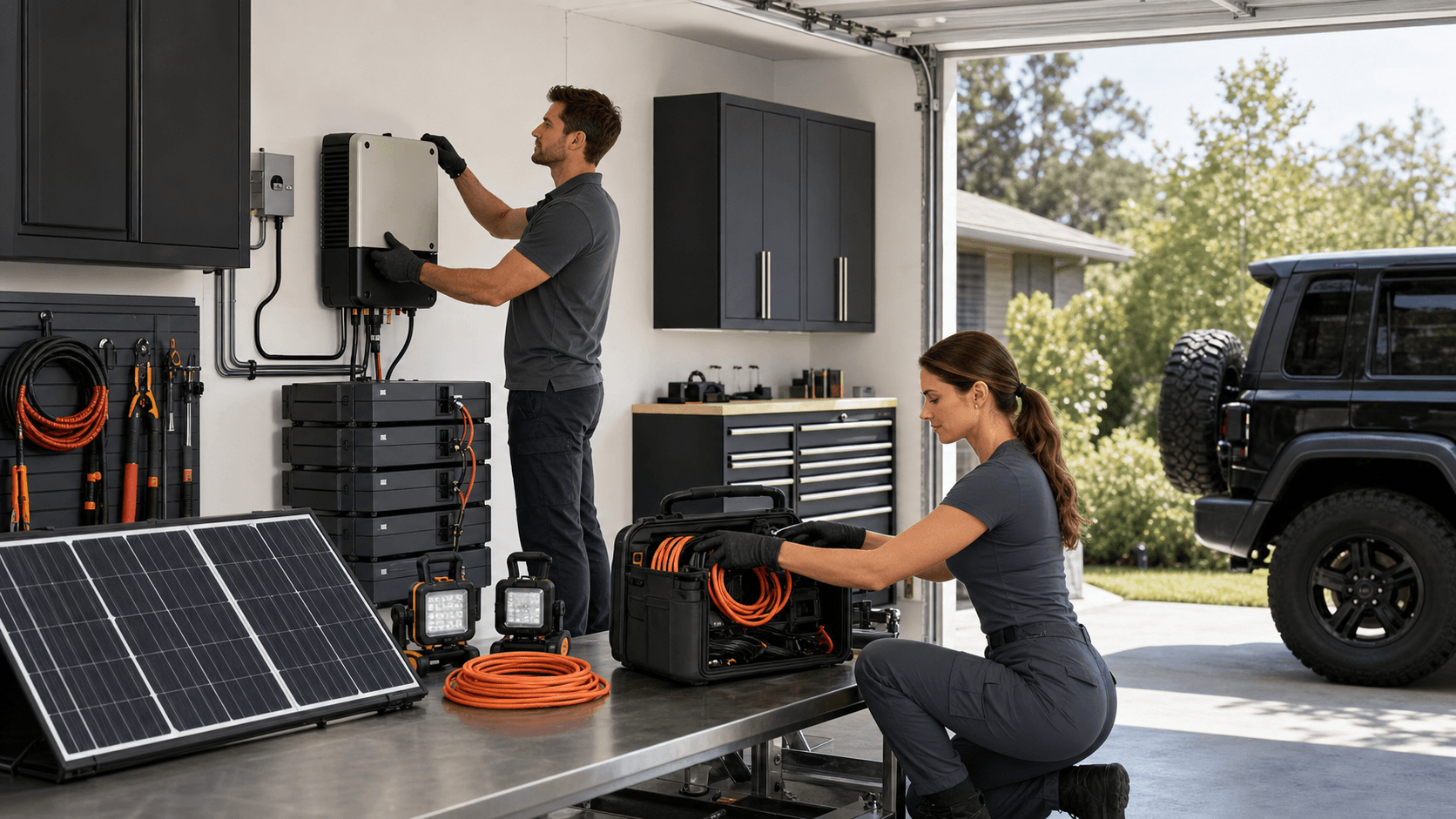 Sunlit garage workbench with solar panels, batteries, tools, and storage shelves in warm, industrial lighting.