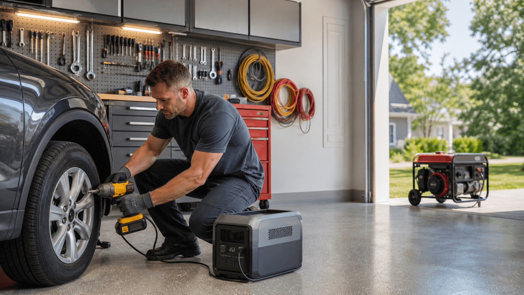 A sleek portable power station glows beside tools and a car in a dimly lit garage.