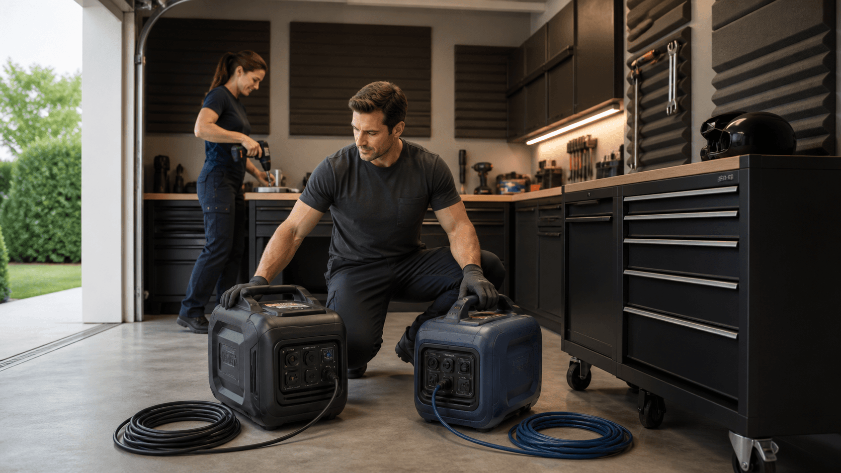 Compact generator in a tidy garage workshop, with tools on walls and soft daylight through an open door.